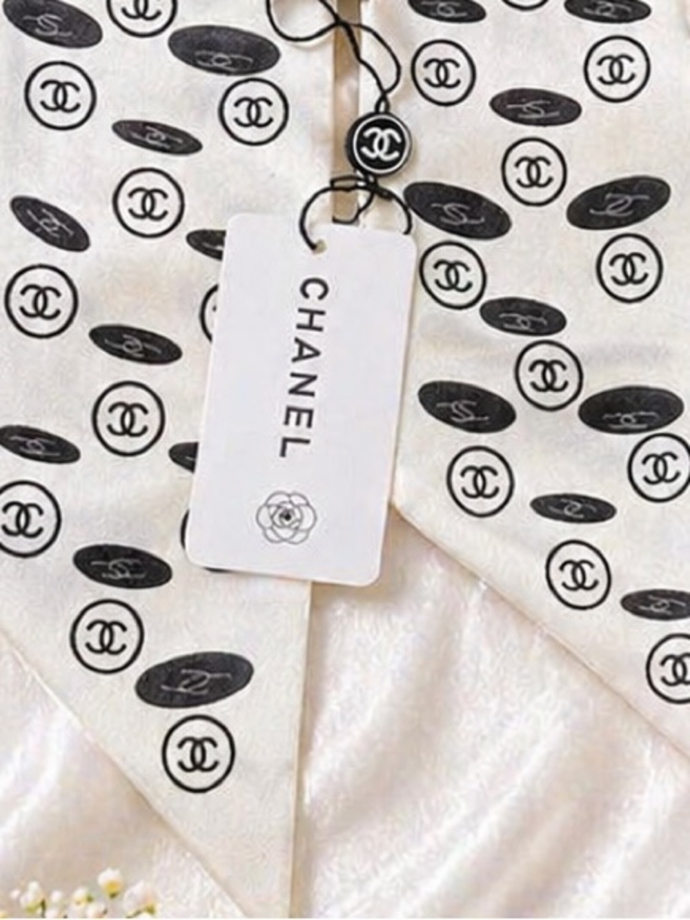 Chanel White & Black Logo Silk Scarf - Picture 3 of 4